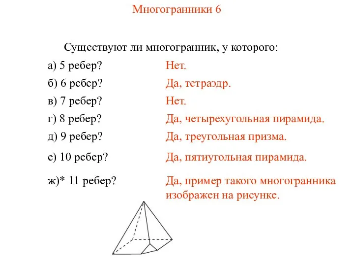 Многогранники 6 Существуют ли многогранник, у которого: а) 5 ребер? Нет.