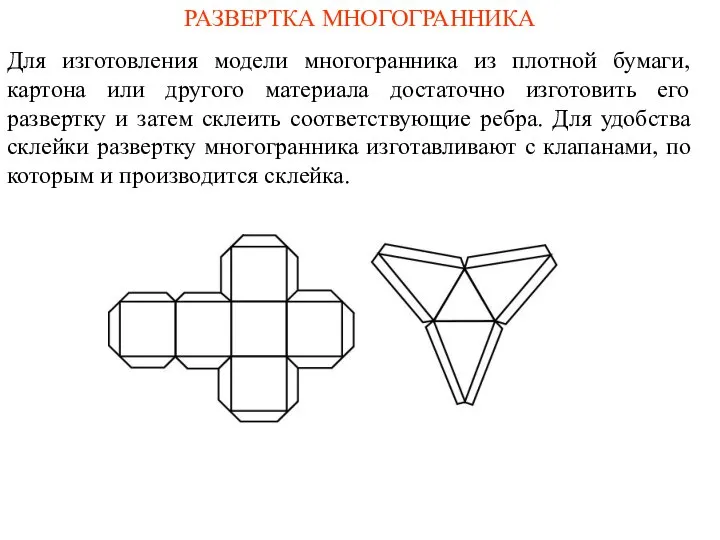 РАЗВЕРТКА МНОГОГРАННИКА Для изготовления модели многогранника из плотной бумаги, картона или