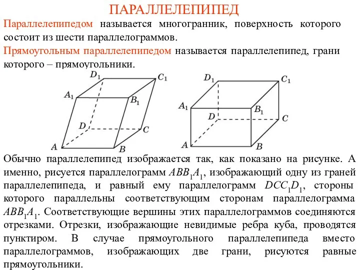 ПАРАЛЛЕЛЕПИПЕД Параллелепипедом называется многогранник, поверхность которого состоит из шести параллелограммов. Прямоугольным