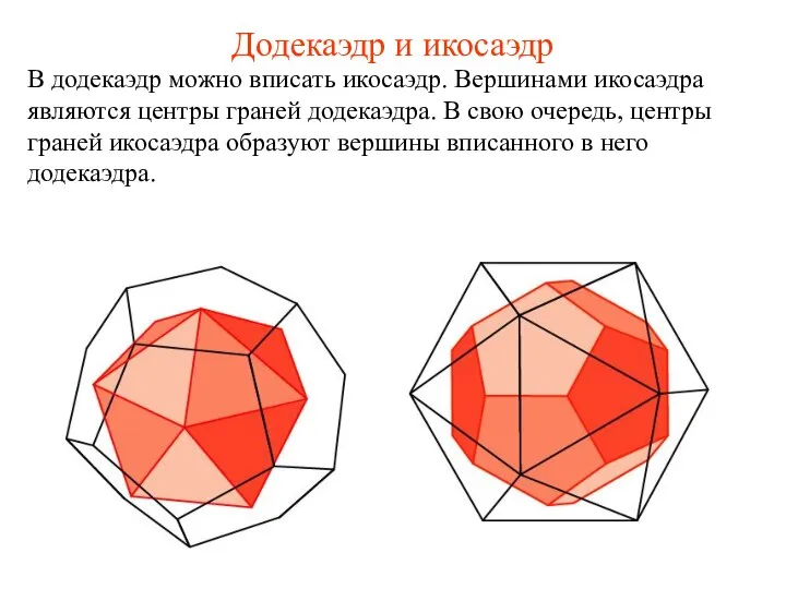 Додекаэдр и икосаэдр В додекаэдр можно вписать икосаэдр. Вершинами икосаэдра являются