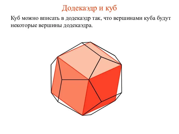 Додекаэдр и куб Куб можно вписать в додекаэдр так, что вершинами куба будут некоторые вершины додекаэдра.