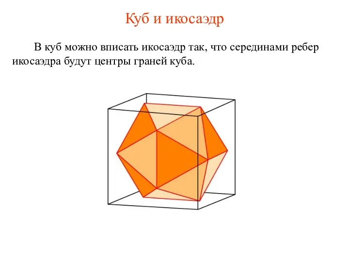 Куб и икосаэдр В куб можно вписать икосаэдр так, что серединами