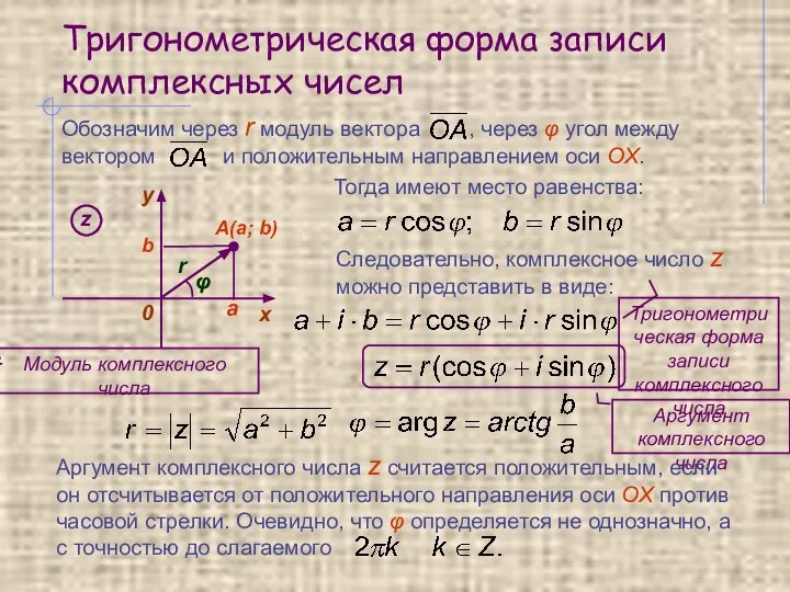 Тригонометрическая форма записи комплексных чисел Тогда имеют место равенства: Следовательно, комплексное