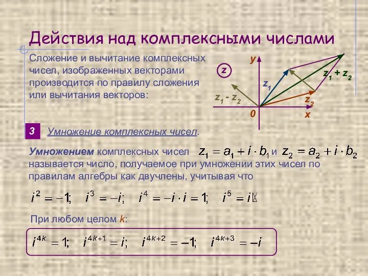 Действия над комплексными числами 3 Умножение комплексных чисел. Сложение и вычитание