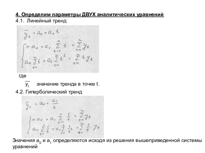 4. Определим параметры ДВУХ аналитических уравнений 4.1. Линейный тренд значение тренда