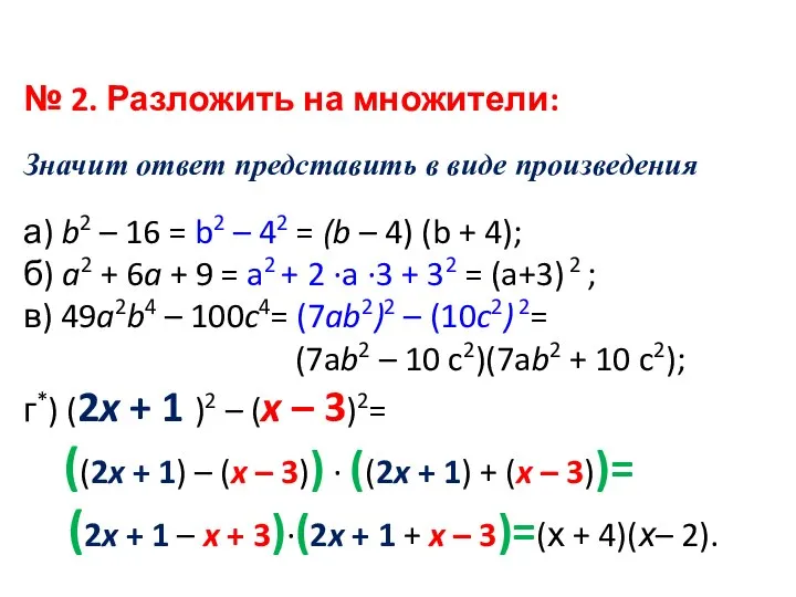 № 2. Разложить на множители: Значит ответ представить в виде произведения