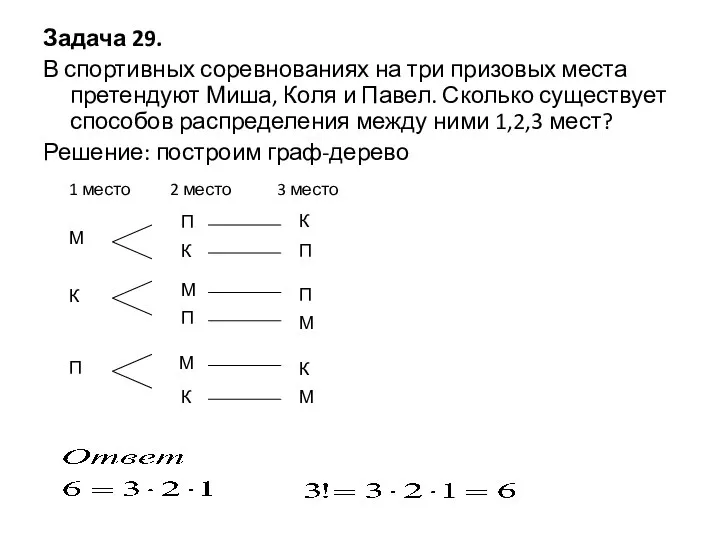 Задача 29. В спортивных соревнованиях на три призовых места претендуют Миша,