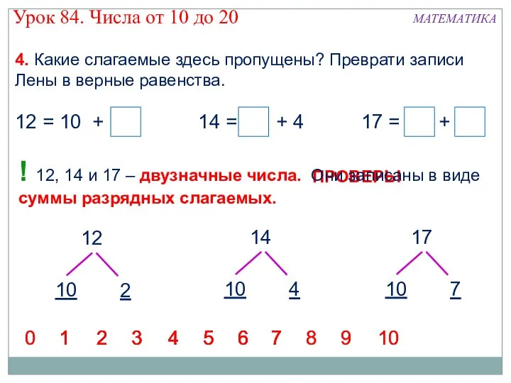 4. Какие слагаемые здесь пропущены? Преврати записи Лены в верные равенства.