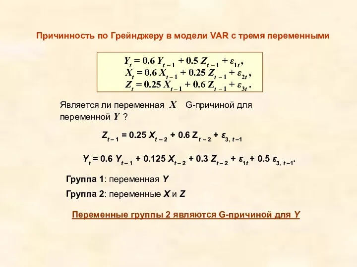 Причинность по Грейнджеру в модели VAR с тремя переменными Yt =