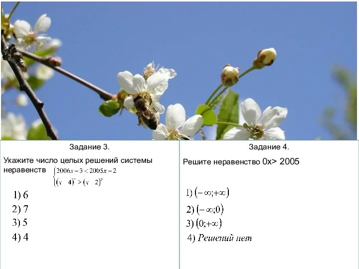 Задание 3. Укажите число целых решений системы неравенств Задание 4. Решите неравенство 0х> 2005