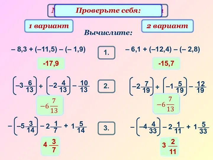Математический диктант -17,9 Вычислите: 1 вариант 2 вариант – 8,3 +