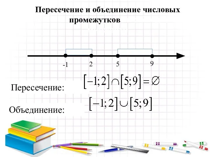 Пересечение и объединение числовых промежуткове и объединение множеств Пересечение: Объединение: