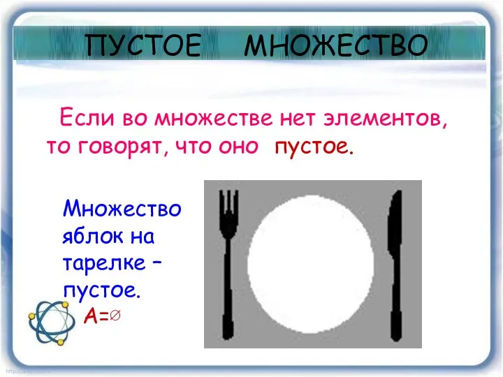 ПУСТОЕ МНОЖЕСТВО Если во множестве нет элементов, то говорят, что оно