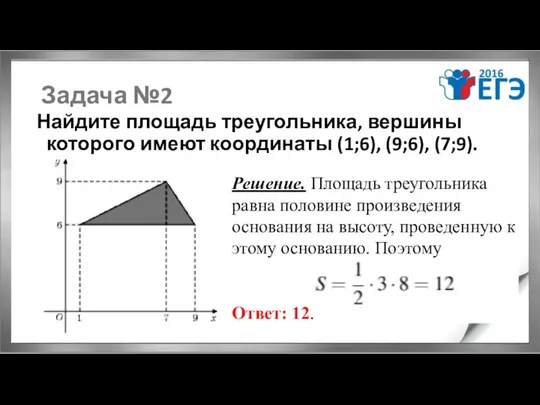 Задача №2 Найдите площадь треугольника, вершины которого имеют координаты (1;6), (9;6),