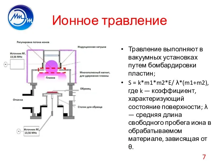 Ионное травление Травление выполняют в вакуумных установках путем бомбардировки пластин; S