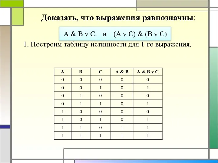 Доказать, что выражения равнозначны: А & В v С и (А