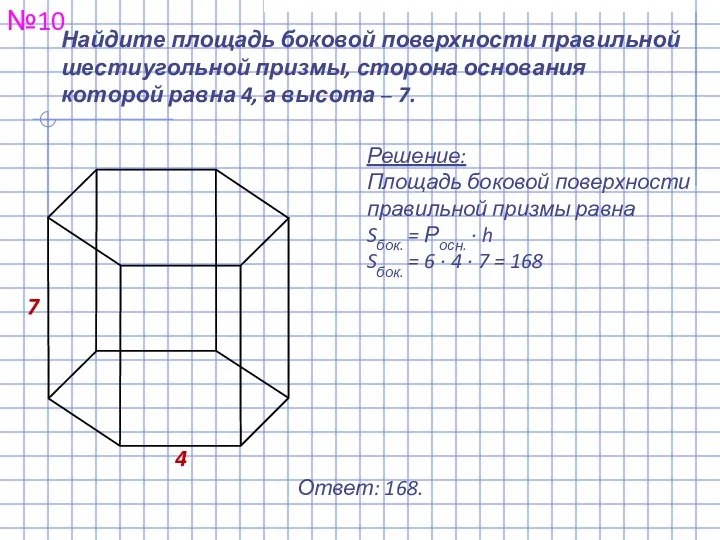 Найдите площадь боковой поверхности правильной шестиугольной призмы, сторона основания которой равна