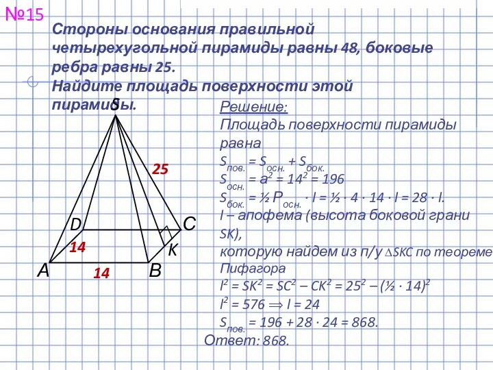 Стороны основания правильной четырехугольной пирамиды равны 48, боковые ребра равны 25.