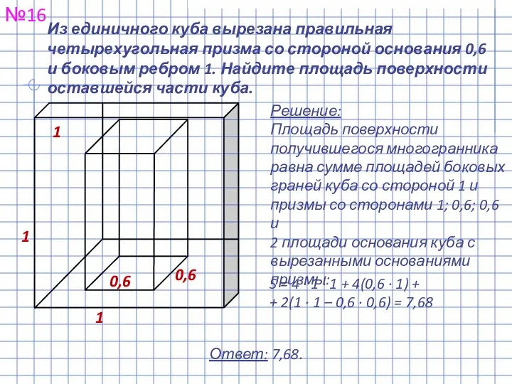 Из единичного куба вырезана правильная четырехугольная призма со стороной основания 0,6