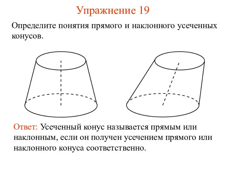 Упражнение 19 Определите понятия прямого и наклонного усеченных конусов. Ответ: Усеченный