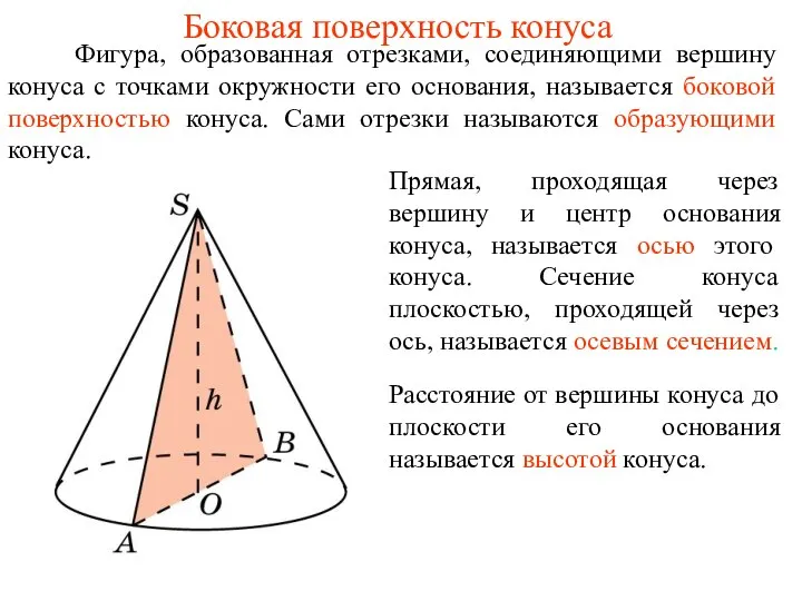 Боковая поверхность конуса Фигура, образованная отрезками, соединяющими вершину конуса с точками