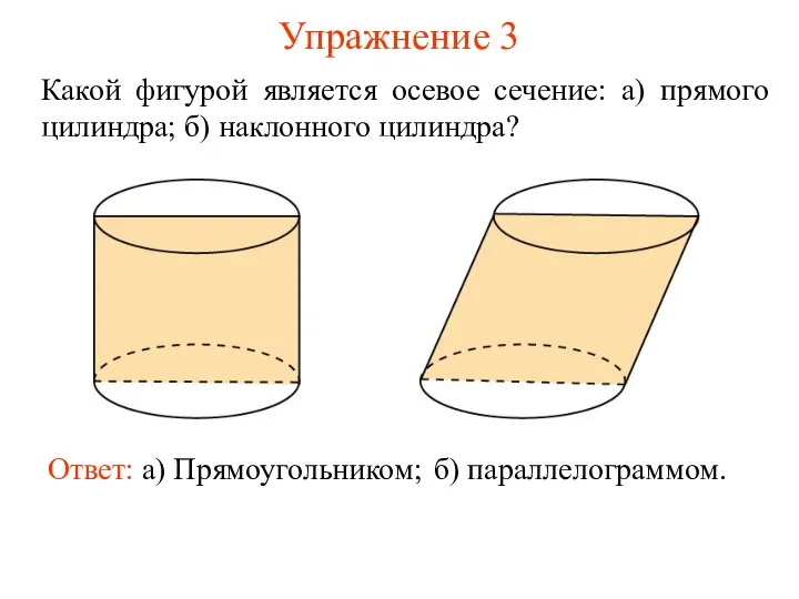 Упражнение 3 Какой фигурой является осевое сечение: а) прямого цилиндра; б) наклонного цилиндра?