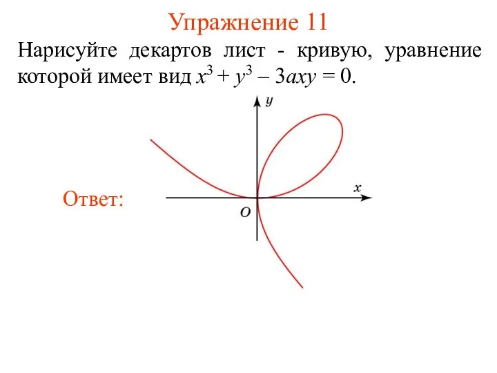 Упражнение 11 Нарисуйте декартов лист - кривую, уравнение которой имеет вид