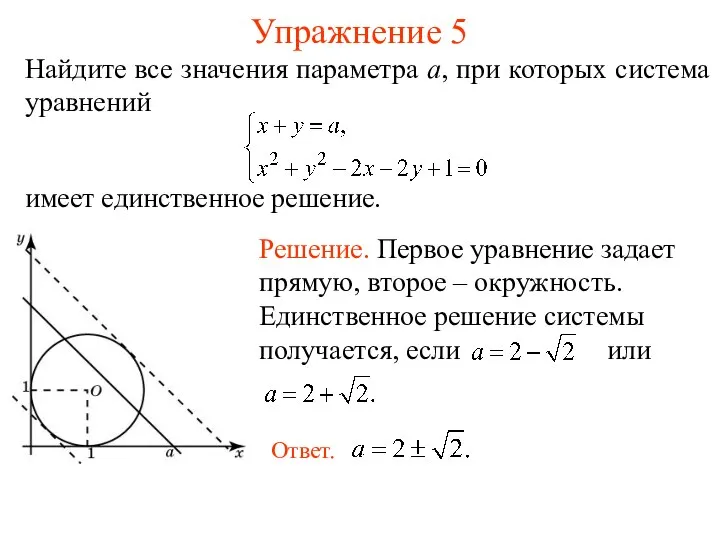 Упражнение 5 Найдите все значения параметра a, при которых система уравнений имеет единственное решение.