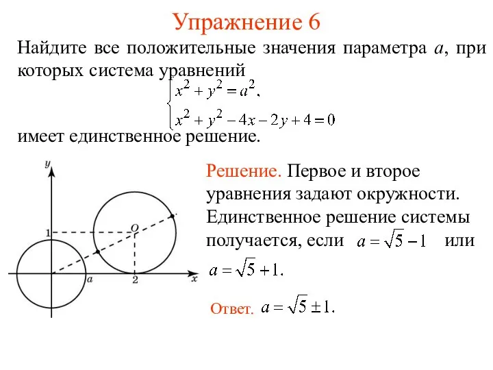 Упражнение 6 Найдите все положительные значения параметра a, при которых система уравнений имеет единственное решение.