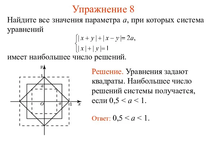 Упражнение 8 Найдите все значения параметра a, при которых система уравнений имеет наибольшее число решений.