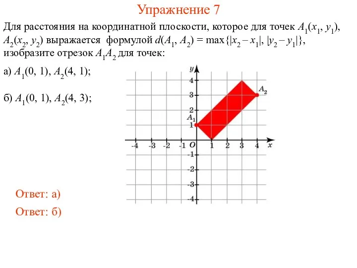 Упражнение 7 Для расстояния на координатной плоскости, которое для точек A1(x1,