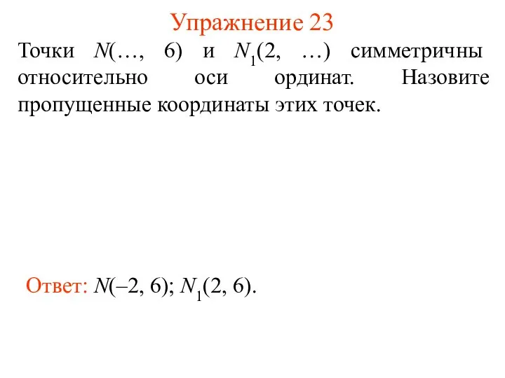 Упражнение 23 Точки N(…, 6) и N1(2, …) симметричны относительно оси
