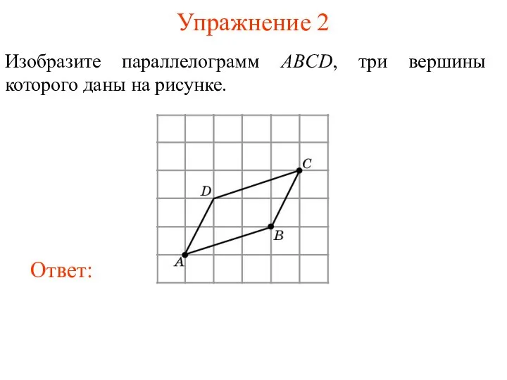 Упражнение 2 Изобразите параллелограмм ABCD, три вершины которого даны на рисунке.