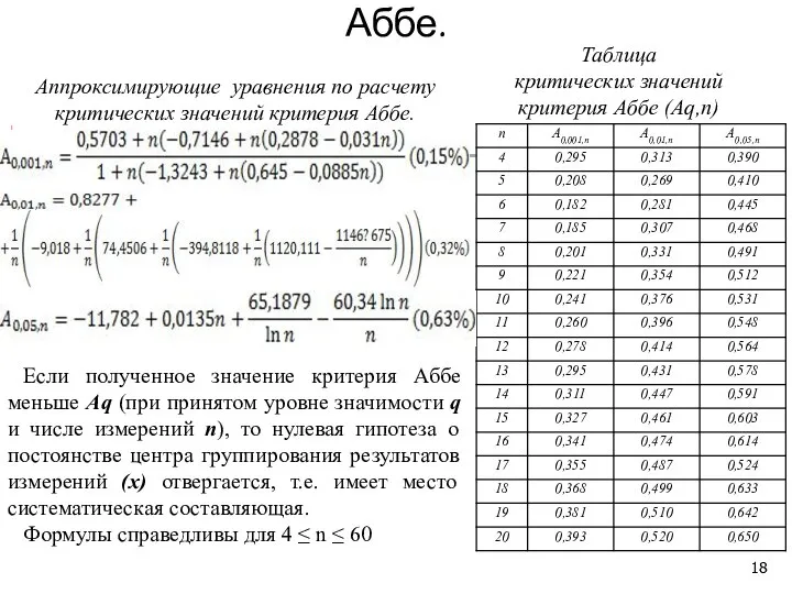 Расчеты критического значения критерия Аббе. Таблица критических значений критерия Аббе (Аq,n)