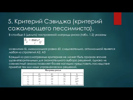 В столбце δ (дельта) построенной матрицы риска (табл. 1.2) указаны из