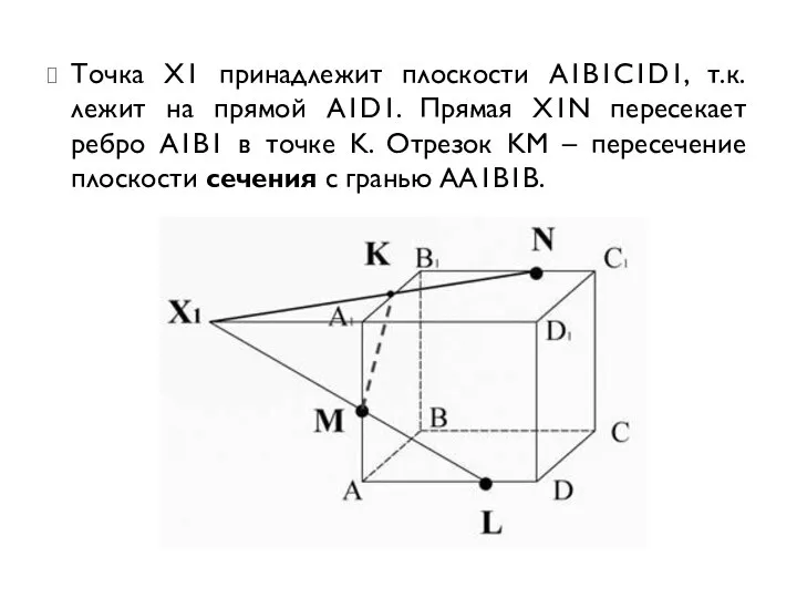 Точка X1 принадлежит плоскости A1B1C1D1, т.к. лежит на прямой A1D1. Прямая