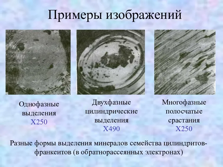 Примеры изображений Разные формы выделения минералов семейства цилиндритов-франкеитов (в обратнорассеянных электронах)