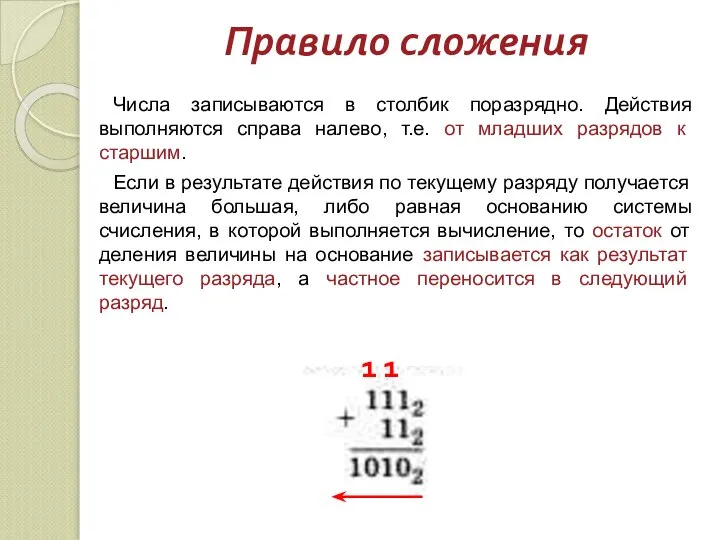 Правило сложения Числа записываются в столбик поразрядно. Действия выполняются справа налево,