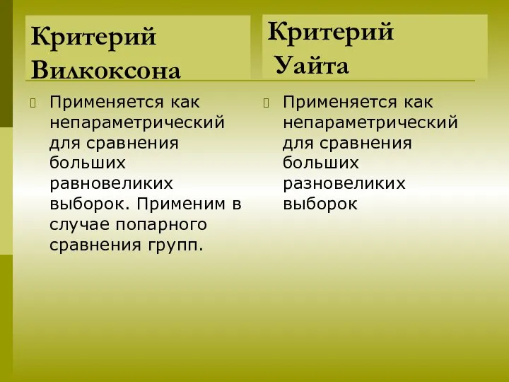 Критерий Вилкоксона Применяется как непараметрический для сравнения больших равновеликих выборок. Применим