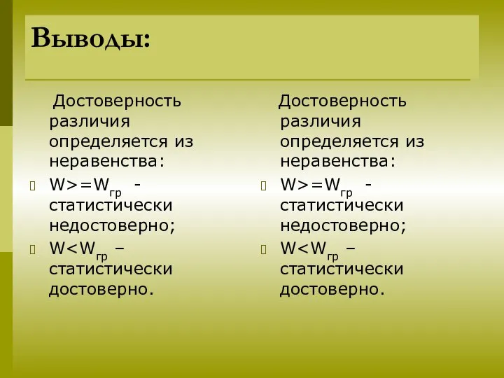 Выводы: Достоверность различия определяется из неравенства: W>=Wгр - статистически недостоверно; W