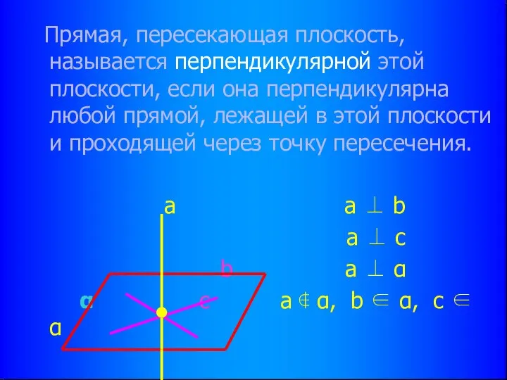 Прямая, пересекающая плоскость, называется перпендикулярной этой плоскости, если она перпендикулярна любой