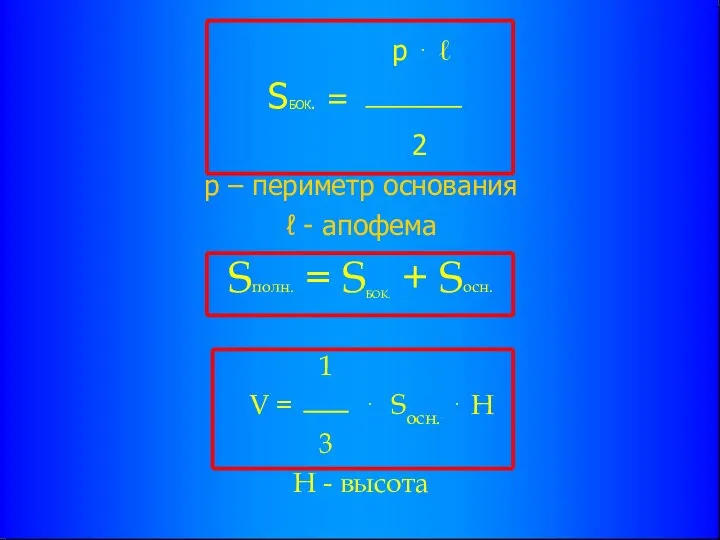 р ⋅ ℓ SБОК. = 2 р – периметр основания ℓ