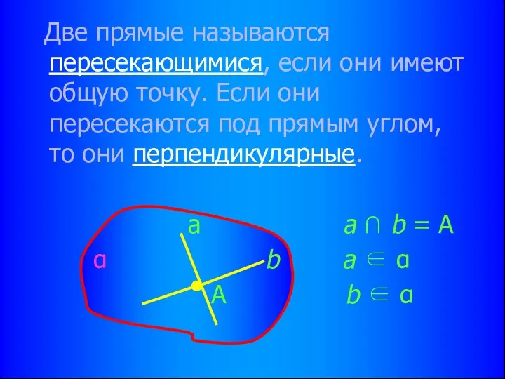 Две прямые называются пересекающимися, если они имеют общую точку. Если они