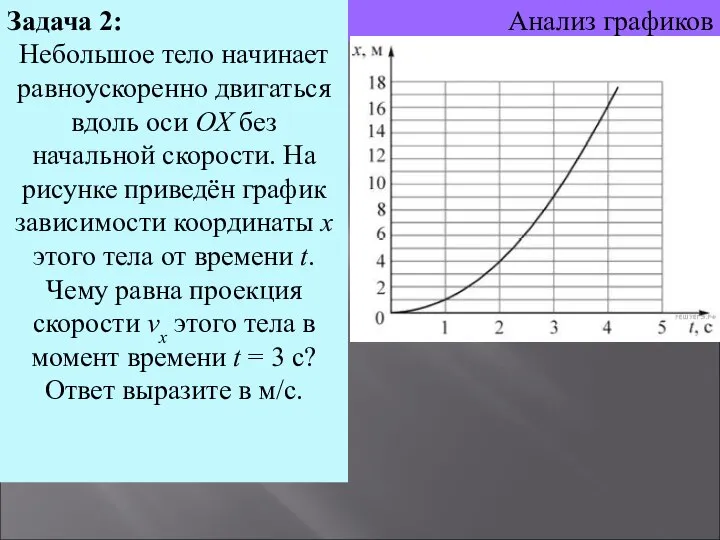 Анализ графиков Задача 2: Небольшое тело начинает равноускоренно двигаться вдоль оси