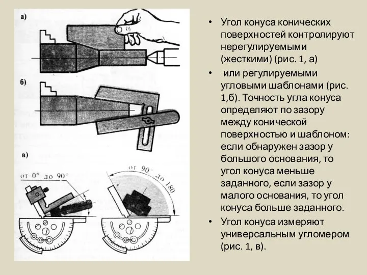 Угол конуса конических поверхностей контролируют нерегулируемыми (жесткими) (рис. 1, а) или