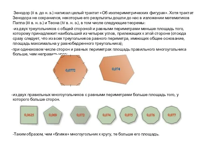 Зенодор (II в. до н. э.) написал целый трактат «Об изопериметрических