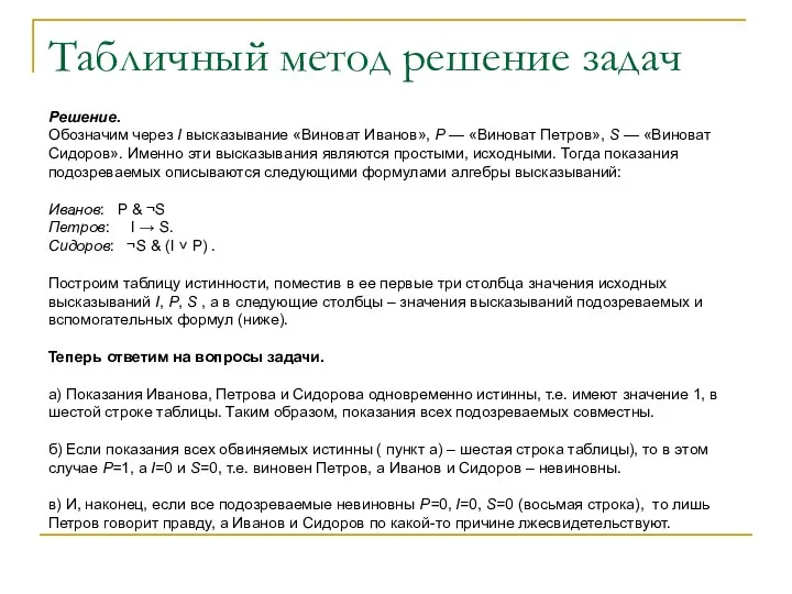 Табличный метод решение задач Решение. Обозначим через I высказывание «Виноват Иванов»,