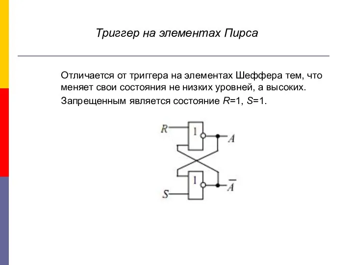 Триггер на элементах Пирса Отличается от триггера на элементах Шеффера тем,