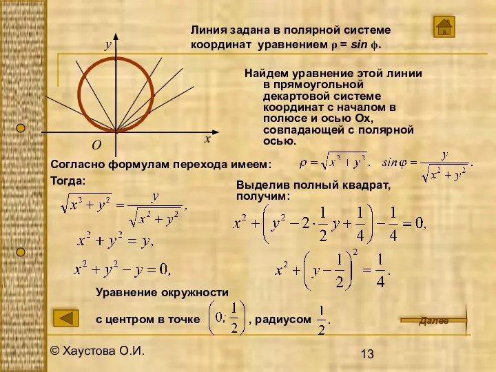 © Хаустова О.И. Найдем уравнение этой линии в прямоугольной декартовой системе