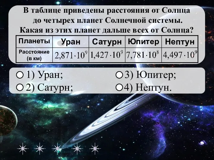 1) Уран; 3) Юпитер; 2) Сатурн; 4) Нептун. ОШИБКА!!! Следующее задание Правильный ответ